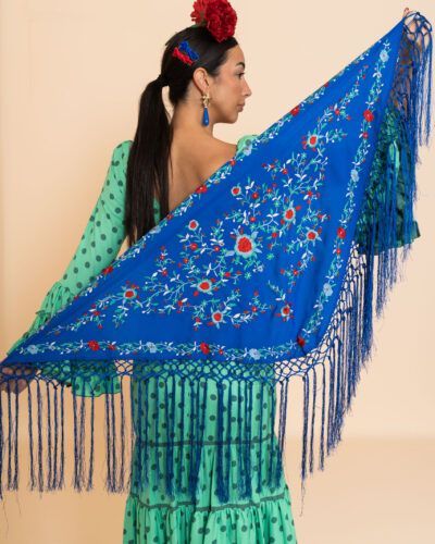 Mantón Azul Bordado Multicolor