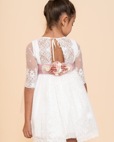 Vestido Niña Pequeña Tul Bordado Blanco Espalda