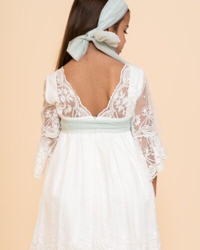 Vestido Niña Pequeña Tul Bordado Blanco Espalda Pico