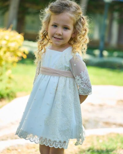 Vestido Niña Pequeña Tul Bordado Beige