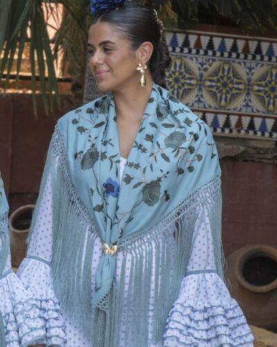 Mantón Flecos Verde Agua Bordado Verde Botella