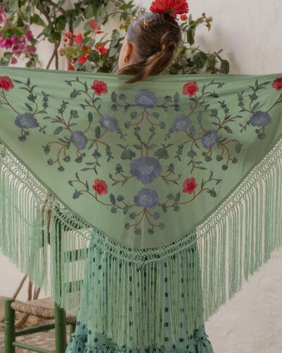 Mantón Flecos Verde Bordado Multicolor