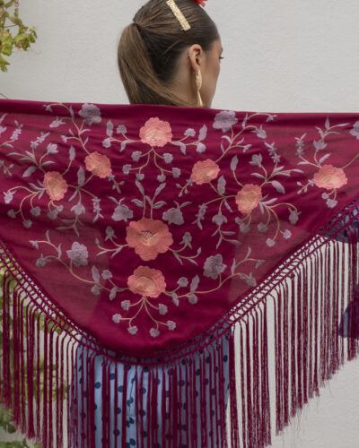 Mantón Flecos Buganvilla Bordado Lila